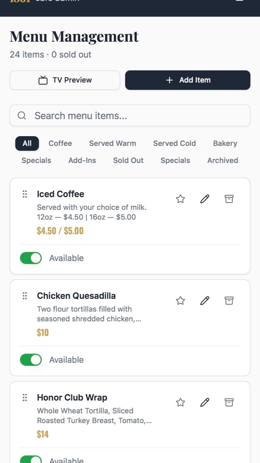 1861 Café Menu System admin dashboard mobile preview